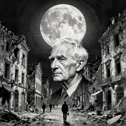 old white - headed man under the huge moon on a street of ruined city by beksinski and takato yamamoto, very coherent, baroque elements, glitch!!!