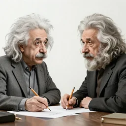 Einstein and Newton speaks each other on a topic, pencil drawing, ultra detailed, octane render