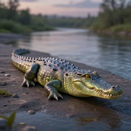 jelly crocodile, 3 d model, unreal engine, highly detailed, on a riverbank, hyperealistic, octane render, concept art, artstation, dusk lighting, realistic shadows