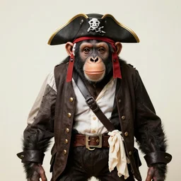perfectly centered photo, chimp wearing pirate costume, 8 k uhd, candid photography, accurate, highly detailed