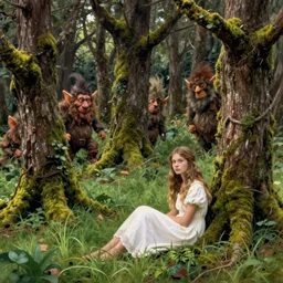 a mossy wood, trolls peaking out behind the trees, a young woman with long hair dressed in a white dress sits in the grass, in the style of John Bauer,