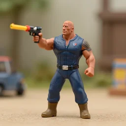a kid playing with A miniature Dwayne Johnson with toy guns