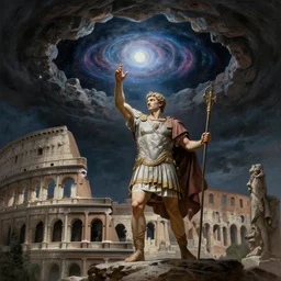 a roman emperor using magic to open a void in the sky of roma leading to the universe, insanely detailed painting, chiaroscuro composition, artstation,