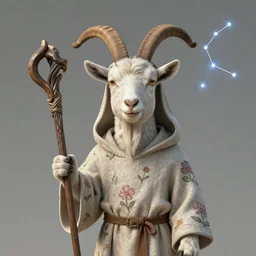 anthropomorphic goat wearing a hooded robe with flower patterns and the constellation of capricorn holding a staff, soft lighting, WLOP