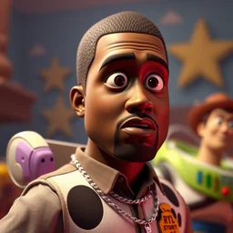 kanye west in the movie toy story, detailed artstation, anime, disney, pixar, 8 k, 4 k, 6 0 0 mm, hd, dof, kodak film, volumetric lighting, subsurface scattering, detailed photorealistic, octane render, detailed details