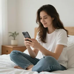 woman in her bedroom looking at the iphone