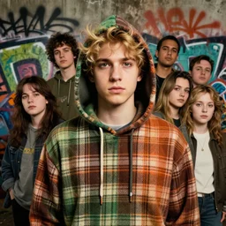 highly detailed portrait of a sewer style seattle student, tartan hoody, by atey ghailan, by greg rutkowski, by greg tocchini, by james gilleard, by joe fenton, by kaethe butcher, gradient green, brown, blonde crea, orange, brown and white color scheme, grunge aesthetic!!! ( ( graffiti tag wall background ) )
