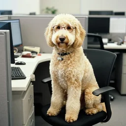 cinestill of a blonde labradoodle working in a cubicle, wearing glasses and a dress, photograph by annie leibovitz