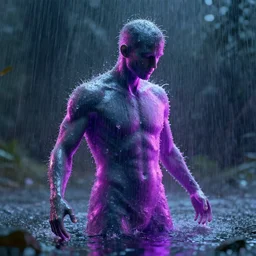 a human made out of rain, neon, rendered in octane, unreal engine, realistic