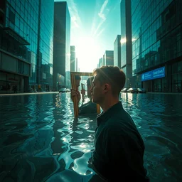 man with a mirror in a city of glass flooded with water, lot of reflection, ray of light