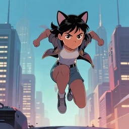 brave 7 year - old girl with cat ears jumping through the air, futuristic skyline behind her, determined look, tight shot, highly coherent, saga comic, graphic novel, fiona staples