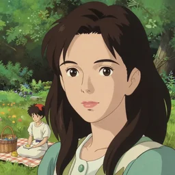 portrait of a woman having a picnic in a lush park, richly defined face, highly detailed, cel shading, digital painting, anime key visual, artwork by ilya kuvshinov and hayao miyazaki and alphonse mucha