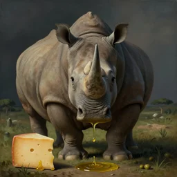 obese rhino looking into camera, oliven oil dripping from rhinos mouth, by fernando botero, cheese, oliven oil, grease, food, intricate details, happy