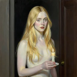 Painting of Elle Fanning holding a candle in a dark hallway, long blonde hair, delicate, pale milky white porcelain skin, by Norman Rockwell. Extremely detailed.