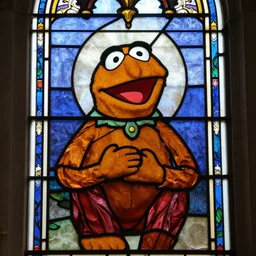 Biblically accurate muppet in stained glass at a church being worshipped