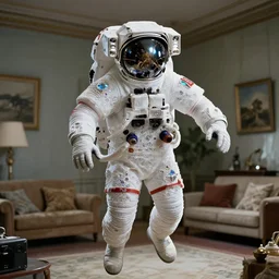 a astronaut eva suit covered in diamond 3d fractal lace iridescent bubble 3d skin and covered with insectoid compound eye camera lenses floats through the living room, film still from the movie directed by Denis Villeneuve with art direction by Salvador Dalí, wide lens,