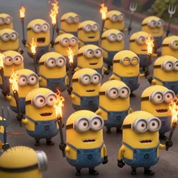 POV of one hundred minions chasing you. The minions are carrying torches and pitchforks. The minions are angry. concept art, sharp lighting, 4k, detailed, Peter Jackson, Ridley Scott, bright colors