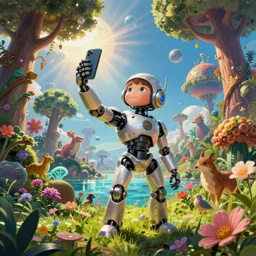 a little cyborg on an exotic planet takes a selfie, steampunk, colorful, artstation, many trees, water, fantasy creatures, flora, flowers, grass, animals, high fashion, low angle, digital painting, by thomas dubois, michal sawtyruk