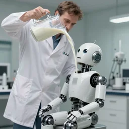 a scientist standing above a sitting android. milk is pouring from the scientist's mouth, into the mouth of the android. realistic. hdr. 8 k. 3 5 mm