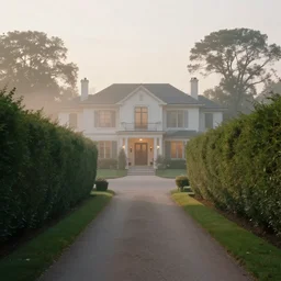 Beautiful, soft liminal Photograph estate road at early morning, hedge