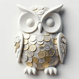 symmetrical detailed sculpture of an owl, made of Coins