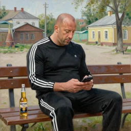 vin diesel in black adidas sport costume, as gopnik character, sitting on a bench with corona beer bottle and a smartphone, in the courtyard of a provincial russian town, intricate, oil on canvas, naturalism