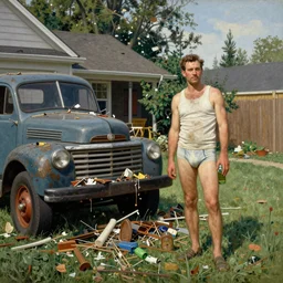 A Norman Rockwell painting of a front yard covered in thrash that has half of an old broken down truck in it. There is a man standing in the yard holding a beer wearing a stained white tank top and underwear, detailed, masterpiece
