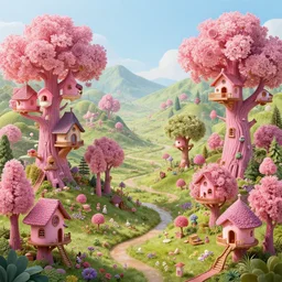 a hiper intricate 3 d artwork of a beatifull serene landscape with cute pink tree houses, intricate, highly detailed, digital painting, artstation, concept art, extremely detailed, sharp focus, octane render wide view, smooth, digital illustration, colorfull, by wlop, by hieronimus bosch,