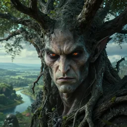 an ultra realistic, cinematic, headshot portrait,.. of an evil tree wizard.. branches, facial features, background of a vast serene landscape, with trees and rivers, detailed, deep focus, movie still, dramatic lighting, ray tracing, by michal karcz and yoshitaka amano
