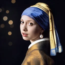 A studio photo of Sarah Michelle Gellar as the girl with a pearl earring, bokeh, 90mm, f/1.4