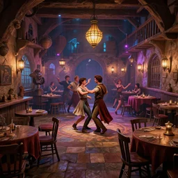 inside of a medieval era tavern with dancers, vaporwave aesthetics, 8 k uhd, unreal engine, octane render in the artstyle of finnian macmanus, john park and greg rutkowski