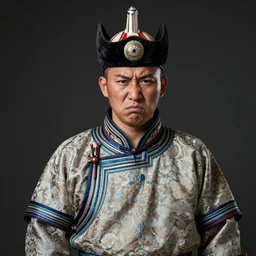 portrait of a mongolian shaman, wearing mongolian costume, 7 0 yo, annoyed look, dark background, studio light, hdr, nikon 2 4 mm f / 1. 8 g, by sebastiao salgado