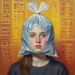girl with trash bag on head, blurred, high resolution, gouache on canvas, ultra detailed, vibrant colors, wrapped thermal background, art by francis bacon, beksinski painting