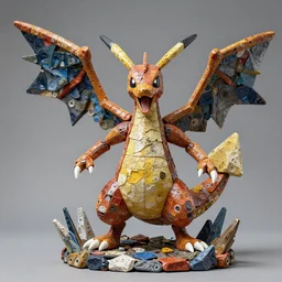 sculpture of pokemon zapdos, made of recycled materials, detailed, full color hd, max ernst