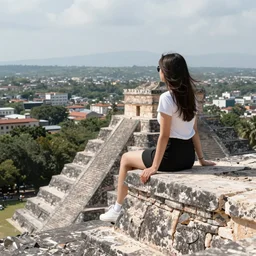 young lady sits on top of a mayan pyramid looking down at the city below