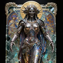 scary robot deity, god, religious art, by akihiko yoshida and alphonse and mucha wlop metallic colors, broken glass, photography, unreal engine, trending on artstation, photorealistic, octane, trending on deviantart