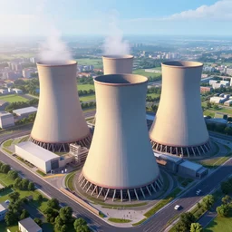 aerial view of a stylized combined cycle powerplant, masterpiece, blizzard pixar maya engine global illumination lighting artstation lois van baarle, ilya kuvshinov, rossdraws
