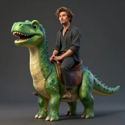 a portrait of a man sitting in a saddle on the back of a green dinosaur, adorable and whimsical, fantasy, elegant, behance, unreal engine, octane render, sharp focus, high contrast, illustration, art by peter mohrbacher