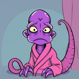 purple xenomorph, disappointed expression, pink bathrobes, cartoon, comical