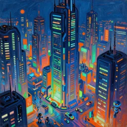 futuristic sci-fi city at night with bright neon lights contrasting heavily with dark ominous buildings in three point perpective, primarily blue in color with orange and green accents, in the style of esao andrews, oil painting, pop surrealism, cartoon-tainted abstract surrealism, vibrant, contrast, 4k, volumetric, HDR, crisp, detailed, beautiful, concept art, matte painting, artstation, dynamic, colorful, spacious, reflective windows, futuristic cars, people, robots, sharp detailed reflections