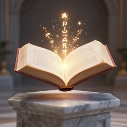 A magic book with glowing runes floating over a marble plinth