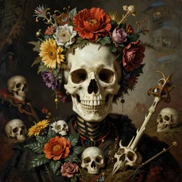 portrair of skull candy, flowers and bones in the style of wayne barlowe, gustav moreau, goward, bussiere, roberto ferri, santiago caruso, luis ricardo falero, austin osman spare