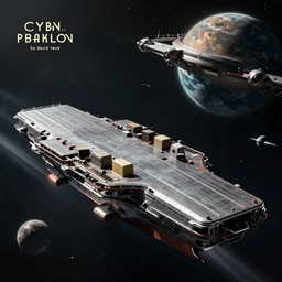cyberpunk aircraft carrier cargo ship discovers a new planet, industrial spaceship design concept art in space, by david levy, eve online, elite dangerous, artstation, film noir