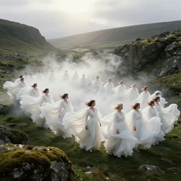 moody 1 9 7 0's artistic technicolor spaghetti western film, a large huge group of women in a giant billowing wide long flowing waving shining bright white dresses made of white smoke, standing inside a green mossy irish rocky scenic landscape, volumetric lighting, backlit, moody, atmospheric, fog, extremely windy, soft focus