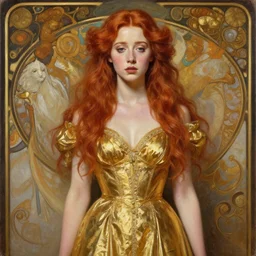 realistic oil painting of sadie sink or redheaded saoirse ronan wearing a reflective gold club dress, highly detailed, intricate, elegant, digital painting, smooth, sharp focus, illustration, ultra realistic, 8 k, by bouguereau, alphonse mucha, artgerm, and donato giancola
