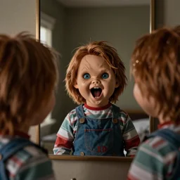 rear with mirror with screaming chucky doll filling frame