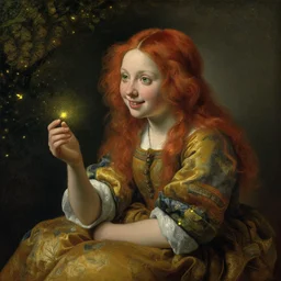 a young woman, admiring the lights of golden fireflies, sitting in the midst of nature fully covered with a wonderful dress, long loose red hair, intricate details green eyes, small nose with freckles, oval shape face, soft happy smile, oil canvas painting art by johannes vermeer, 1 7 th century, realistic, expressive emotions