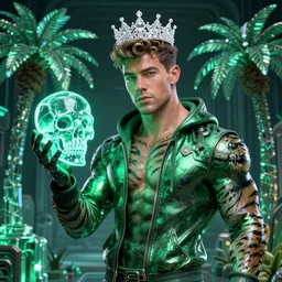 hyper detailed ultra sharp portrait of baroque and bladerunner delicate neon emerald and onyx sculpture of ( handsome muscular king nick jonas ) ( ( striped tigers ) ) wearing ( ( metallic green hoody ) ) ( holding a glass neon skull ) space dungeon, glowing glass palm trees, crown of white diamonds, cinematic lighting, photorealistic, octane render 8 k depth of field 3 d