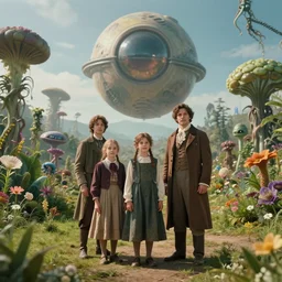 sharp, highly detailed, film from a 2 0 1 9 sci fi 8 k movie, set in 1 8 6 0, a family standing in a park on a strange alien planet, surrounded by alien plants and flowers, wearing 1 8 6 0 s clothes, good lighting, in focus, reflective eyes, 3 5 mm macro lens, live action, nice composition