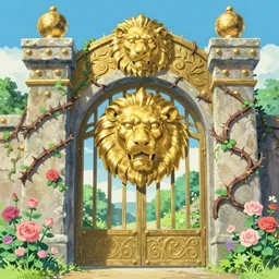 A giant medieval fantasy gate with an gold carved lion face at the center, vines, thorns, roses, flowers, vivid vegetation, pastel color tones, clear clean, Ilya kushinov, by Makoto Shinkai, Studio Ghibli, Miyazaki, Kyoto Animation, digital 2D, painterly style, gouache illustration, high contrast, cute, kawaii, golden ratio, rule of thirds